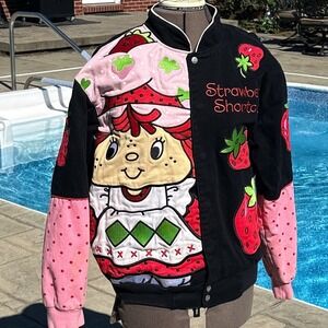 Vintage Strawberry Shortcake Y2K Embroidered Bomber Jacket Black Pink Polka Dot